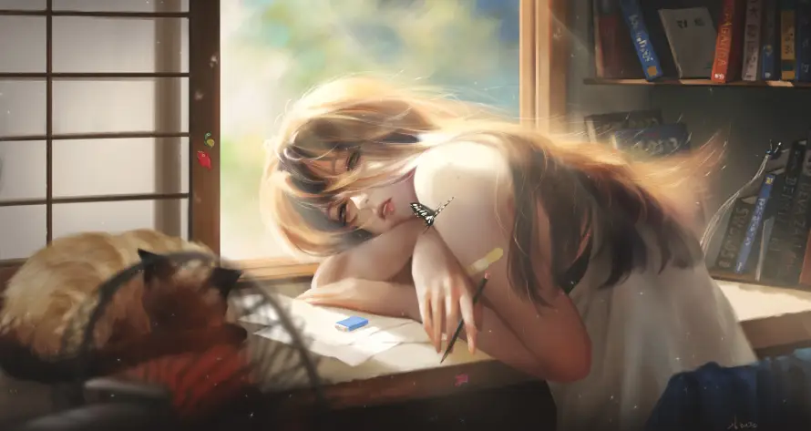 4k书本壁纸 - 书桌 - 午后 - 女孩「哲风壁纸」