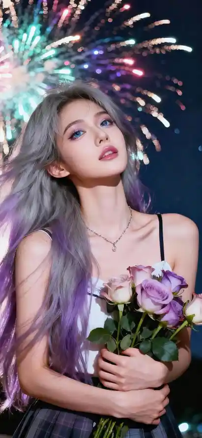 4k夜景壁纸 - 格子裙 - 手机壁纸 - 紫发美女「哲风壁纸」