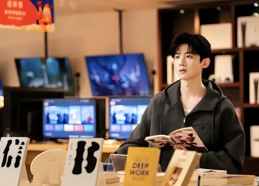 2k书店壁纸-白敬亭壁纸和书架-灰色外套壁纸推荐「哲风壁纸」