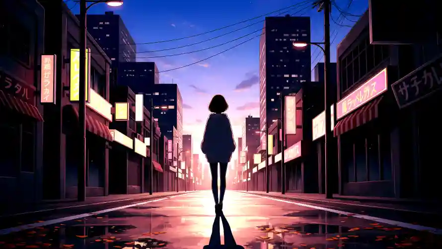 4k倒影壁纸 - 女孩 - 背影 - 街道「哲风壁纸」