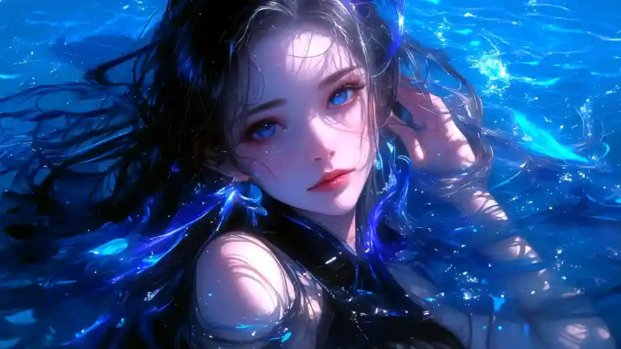 4k插画壁纸 - 湿发 - 美女 - 蓝水「哲风壁纸」