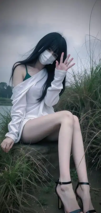 4k口罩壁纸 - 坐姿 - 美女 - 草地「哲风壁纸」