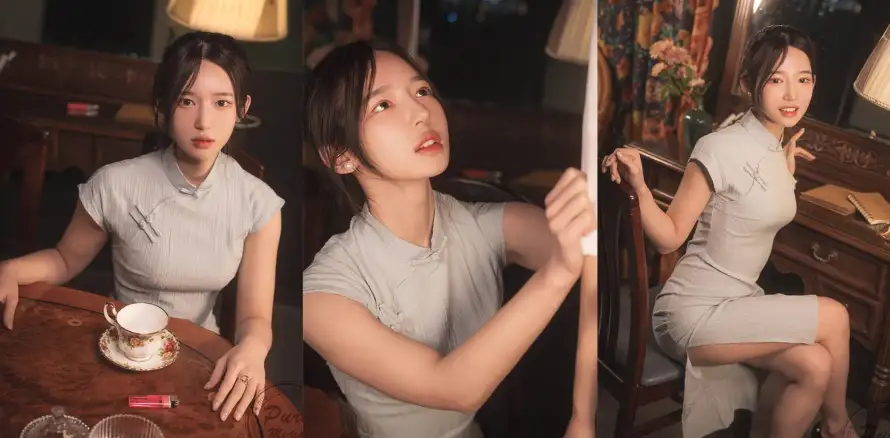 4k镜子壁纸 - 旗袍 - 茶杯 - 坐姿「哲风壁纸」