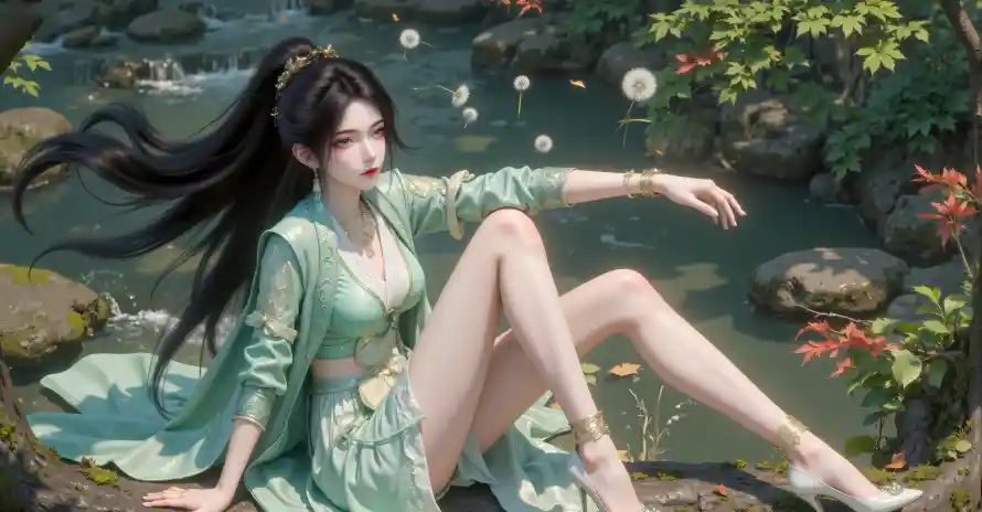 4k仙侠壁纸 - 坐姿 - 溪流 - 石岸「哲风壁纸」