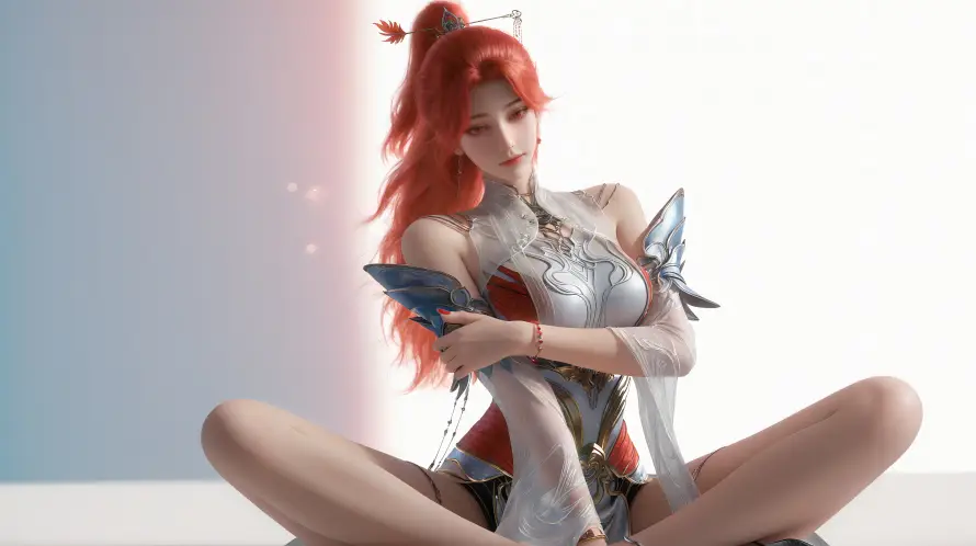 4k坐姿壁纸 - 红发 - 铠甲 - 火允儿「哲风壁纸」