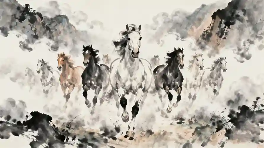 4k云雾壁纸 - 国画 - 奔马 - 山水「哲风壁纸」