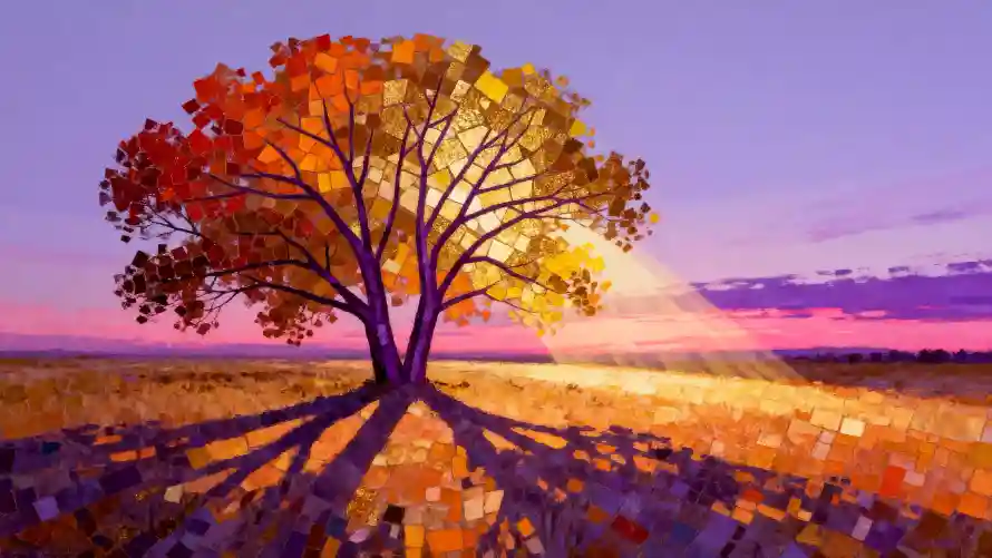 4k壁纸 - 秋意蓝橙调 - 秋日碎金叶 - 马赛克质感「哲风壁纸」