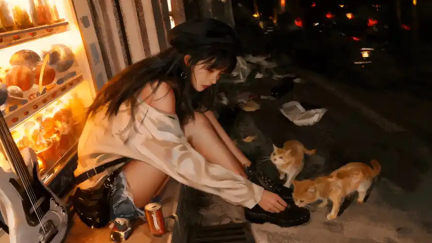 2k互动壁纸-饮料柜与夜晚-牛仔短裤壁纸分享「哲风壁纸」