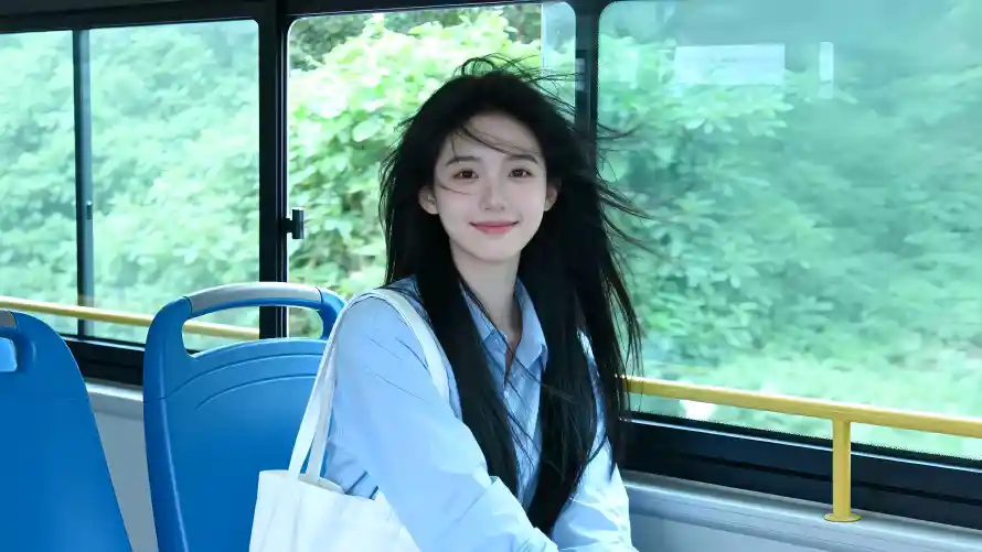 4k清新壁纸 - 甜妹 - 长发 - 公交车「哲风壁纸」