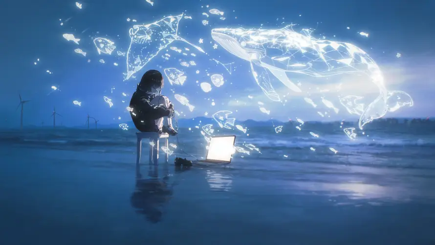 5k夜晚壁纸-科技感壁纸和女孩-发光鲸鱼壁纸推荐「哲风壁纸」