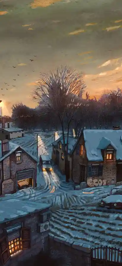 4k乡村壁纸 - 冬季 - 房屋 - 手绘「哲风壁纸」