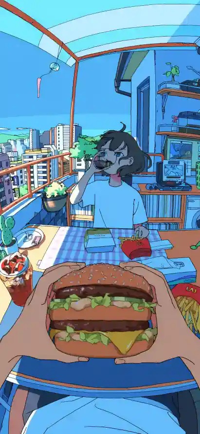 4k汉堡壁纸 - 蓝色调 - 卡通女孩 - 城市阳台「哲风壁纸」