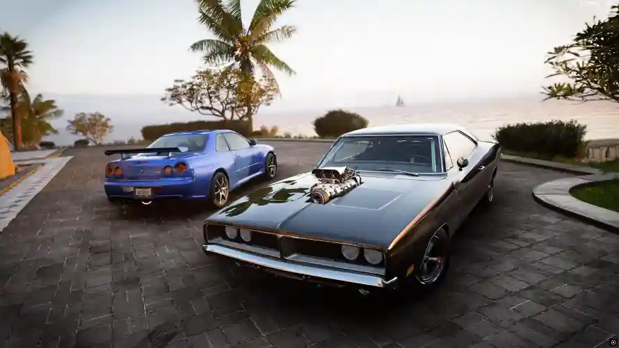 3k汽车壁纸-地平线和海景-蓝色跑车免费下载「哲风壁纸」