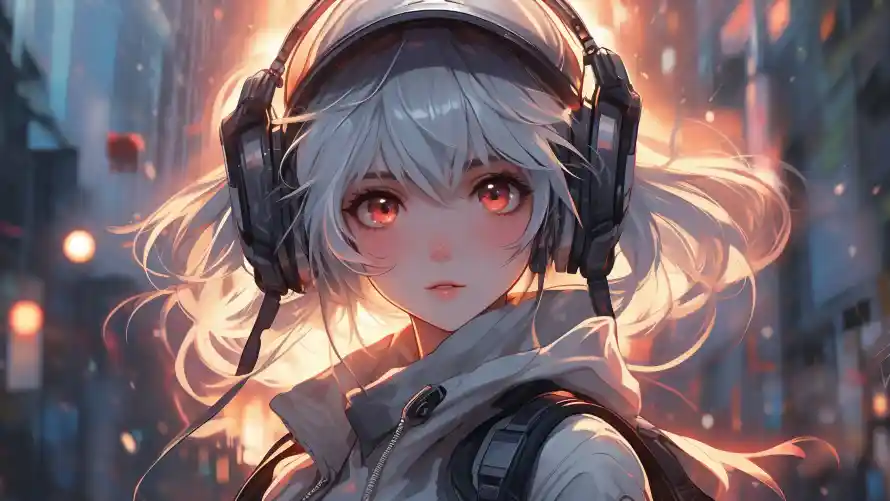 3k红瞳壁纸-连帽衫壁纸和耳机-Ai绘画壁纸推荐「哲风壁纸」