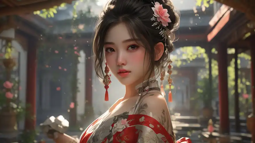 4k发簪壁纸 - 粉色花 - Ai绘画 - 传统建筑「哲风壁纸」 4k发簪壁纸 - 粉色花 - Ai绘画 - 传统建筑「哲风壁纸」