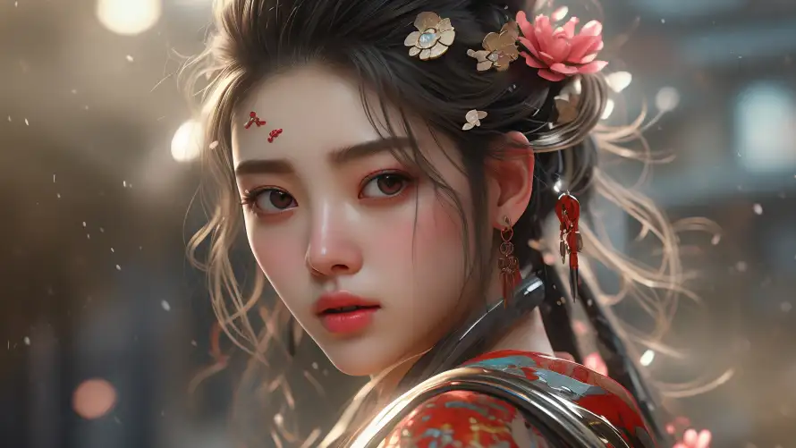 4k发簪壁纸 - 红衣 - 花钿 - Ai绘画「哲风壁纸」