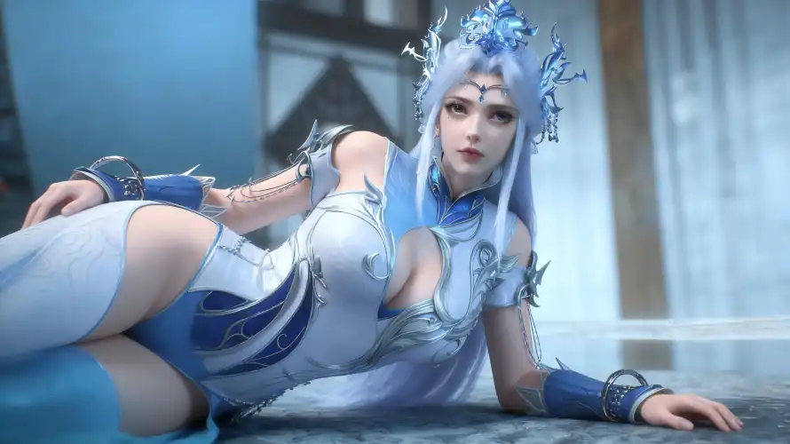 4k卧姿壁纸 - 银发 - 宁雨蝶 - 仙侠风格「哲风壁纸」