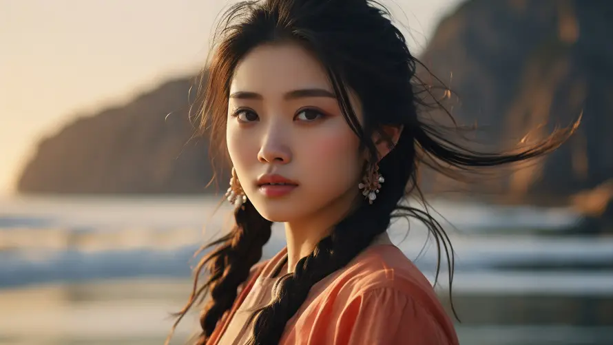 3k山峦壁纸-麻花辫和海浪-古装美女热门的壁纸「哲风壁纸」