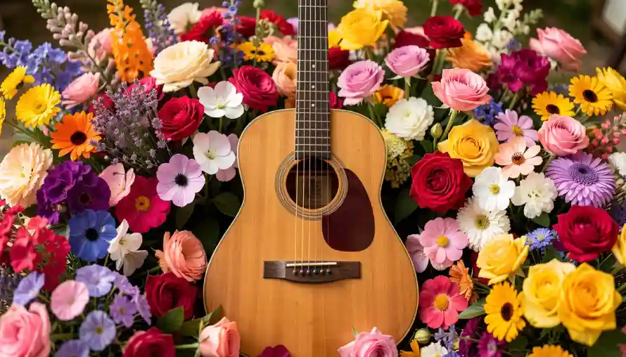 3k乐器壁纸-多色花与吉他-彩色花卉壁纸分享「哲风壁纸」