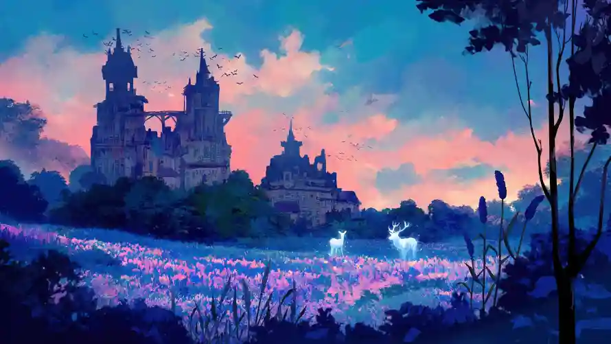 2k城堡壁纸-发光的和树木-动漫场景热门的壁纸「哲风壁纸」