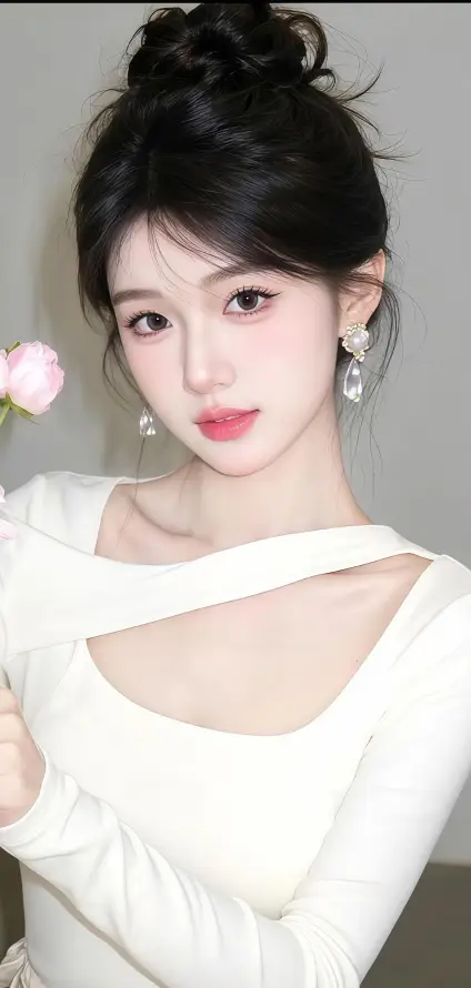 4k浅灰壁纸 - 淡妆 - 玫瑰 - 白衣「哲风壁纸」