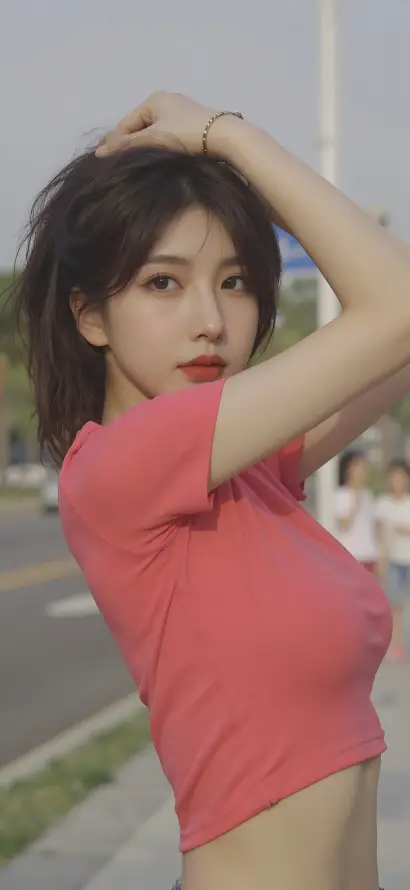 4k户外壁纸 - 抬手 - 短发 - 红唇「哲风壁纸」