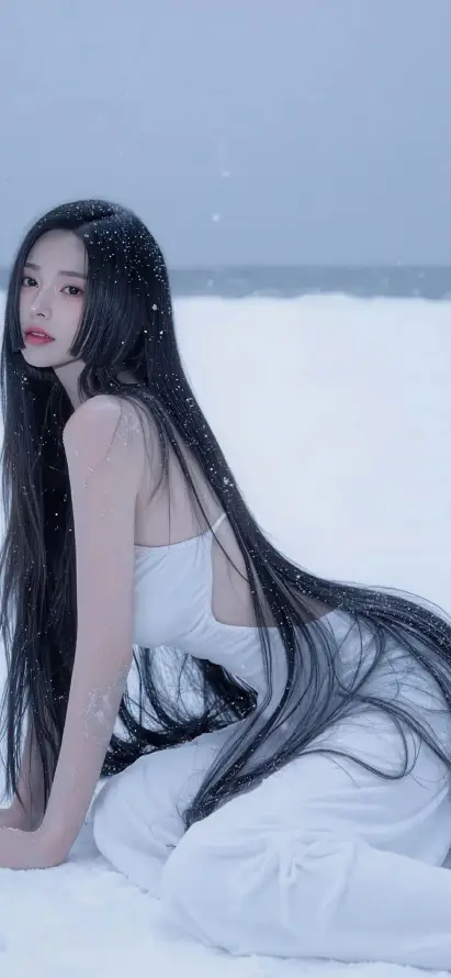 4k下雪壁纸 - 冬季 - 海边 - 美女「哲风壁纸」