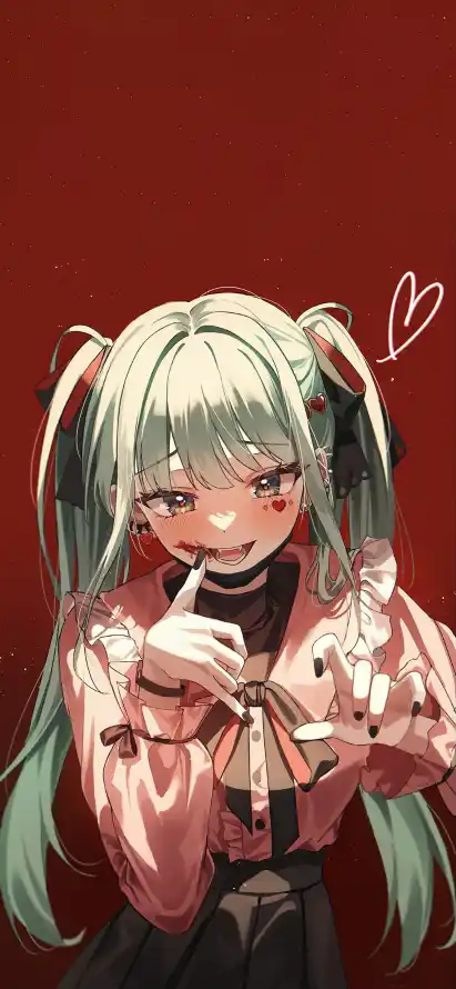 4k爱心壁纸 - 绿发 - 双马尾 - 暗黑风「哲风壁纸」