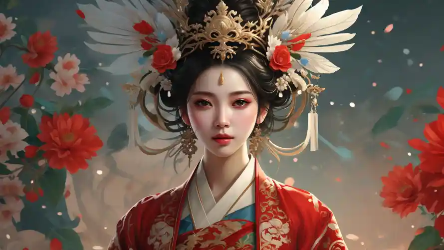 3k华贵壁纸-牡丹花和发冠-AI古风壁纸推荐「哲风壁纸」