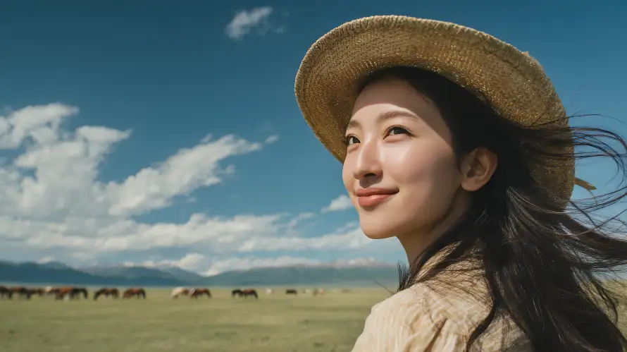 6k户外壁纸-草帽女孩与晴天-蓝天白云免费下载「哲风壁纸」