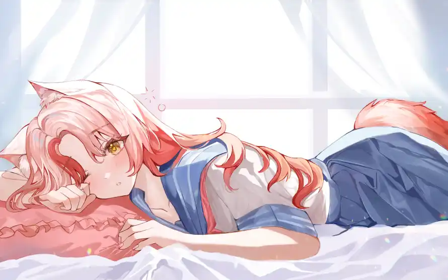 4k卧室壁纸 - 卧床 - 少女 - 尾巴「哲风壁纸」