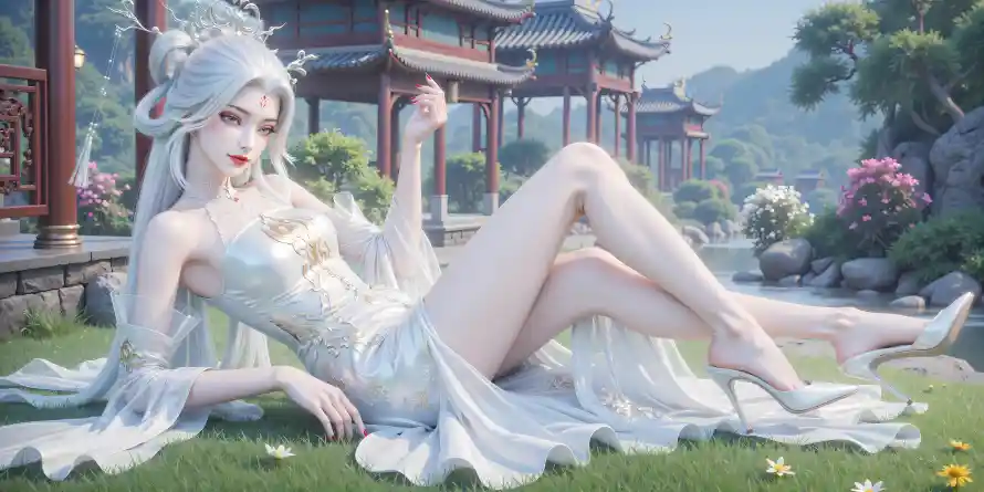 4k小白壁纸 - 狐女 - 白裙 - 绿草「哲风壁纸」