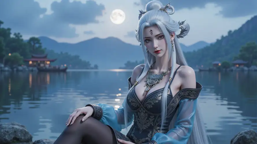 4k国风壁纸 - 小白 - 月夜 - 湖水「哲风壁纸」