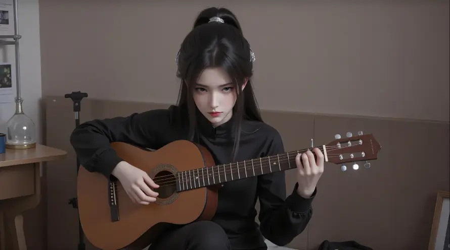 4k冷艳壁纸-cos和吉他-黑色穿搭免费下载「哲风壁纸」