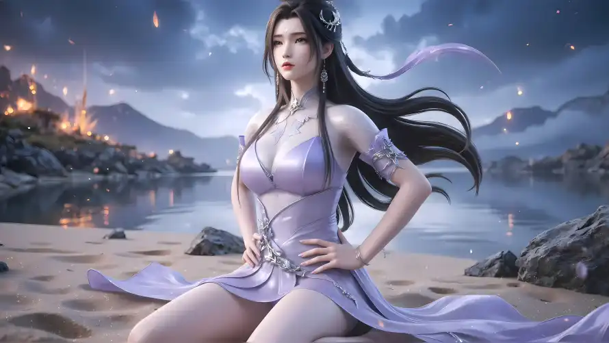 4k国漫壁纸 - 夜景 - 湖畔 - 紫裙「哲风壁纸」