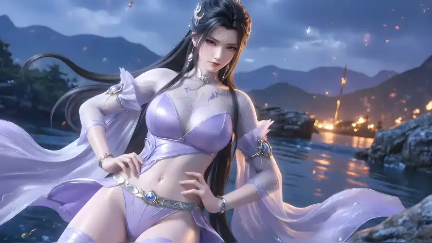 4k仙侠壁纸 - 夜景 - 河畔 - 紫裙「哲风壁纸」