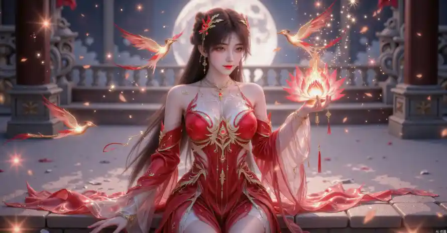 4k国风壁纸 - 圆月 - 火莲 - 灵鸟「哲风壁纸」