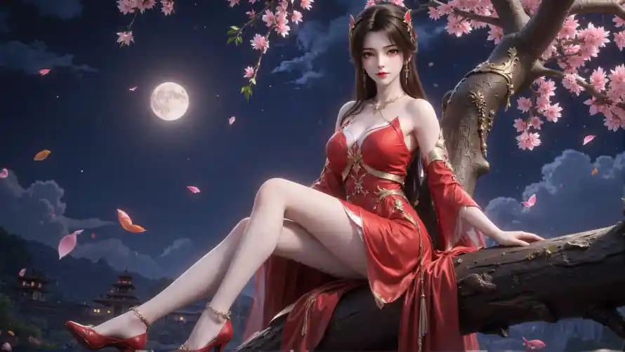 4k国风壁纸 - 圆月 - 月夜 - 桃花「哲风壁纸」