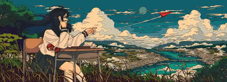 4k动漫壁纸 - 户外 - 海湾 - 长发「哲风壁纸」