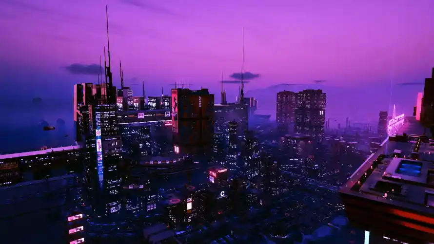 2k城市壁纸-紫色天空壁纸和夜景-赛博风格热门的壁纸「哲风壁纸」