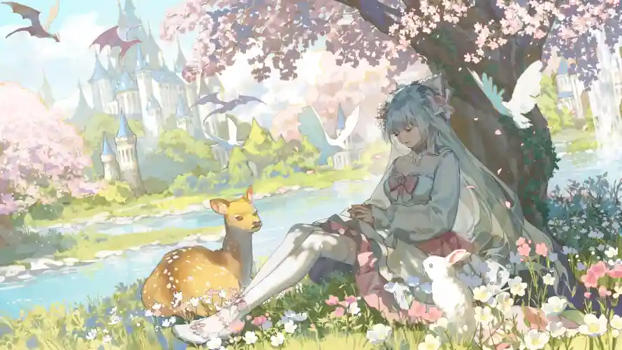 4k壁纸 - 樱花下的女孩 - 梅花鹿、兔子 - wallpaper「哲风壁纸」
