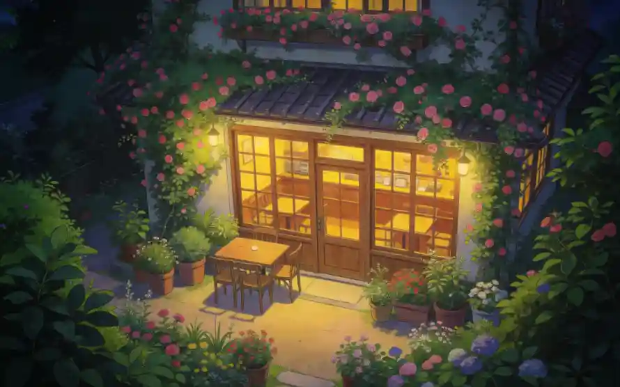 4k夜晚壁纸 - 庭院 - 插画 - 暖光「哲风壁纸」