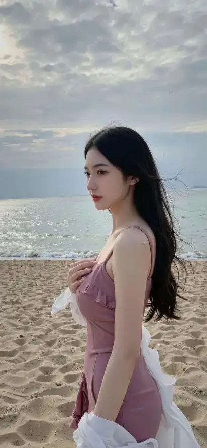 4k大海壁纸 - 沙滩 - 海边 - 粉裙「哲风壁纸」