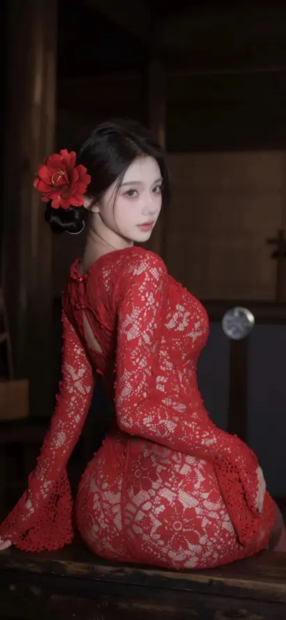 4k复古壁纸 - 室内 - 红花 - 美女「哲风壁纸」