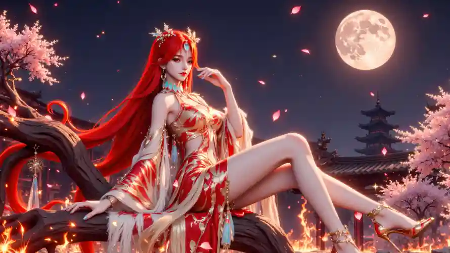 4k国漫壁纸 - 圆月 - 月夜 - 桃花「哲风壁纸」