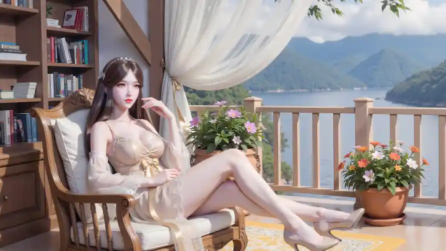 4k书架壁纸 - 湖景 - 盆栽 - 远山「哲风壁纸」