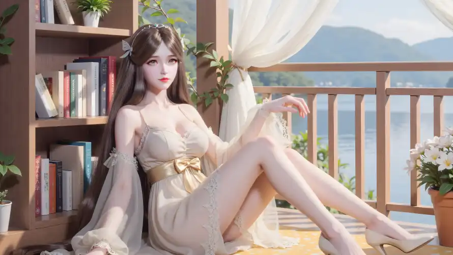 4k书架壁纸 - 湖水 - 盆栽 - 纱帘「哲风壁纸」