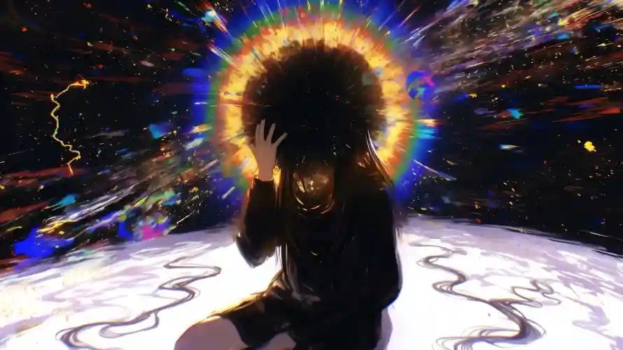 4k氛围感壁纸 - 人物剪影 - 坐姿女孩 - 彩色光芒「哲风壁纸」