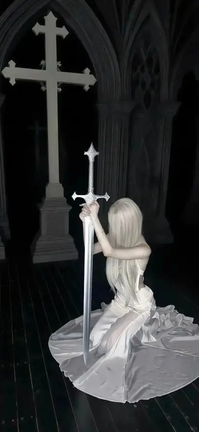 4k圣剑壁纸 - 跪坐 - 长发 - 十字架「哲风壁纸」