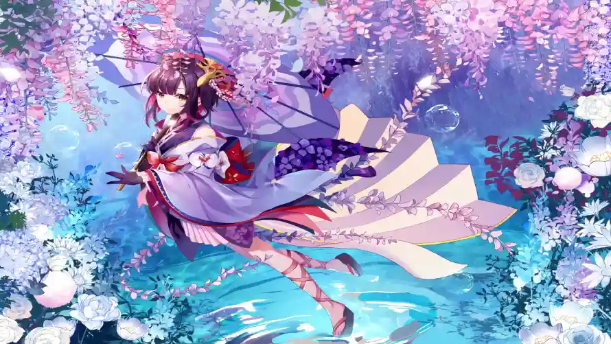 3k和服壁纸-和风 - 水面-花伞「哲风壁纸」